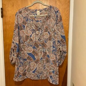 Faded Glory Blue Paisley Top Blouse Lace Up Neckline Sz 3X (22W-24W)